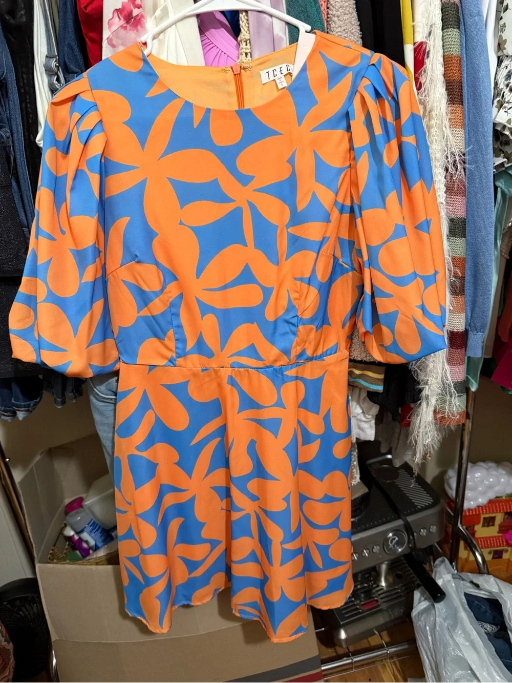 Ice Blue + Orange Leaf Print Dress